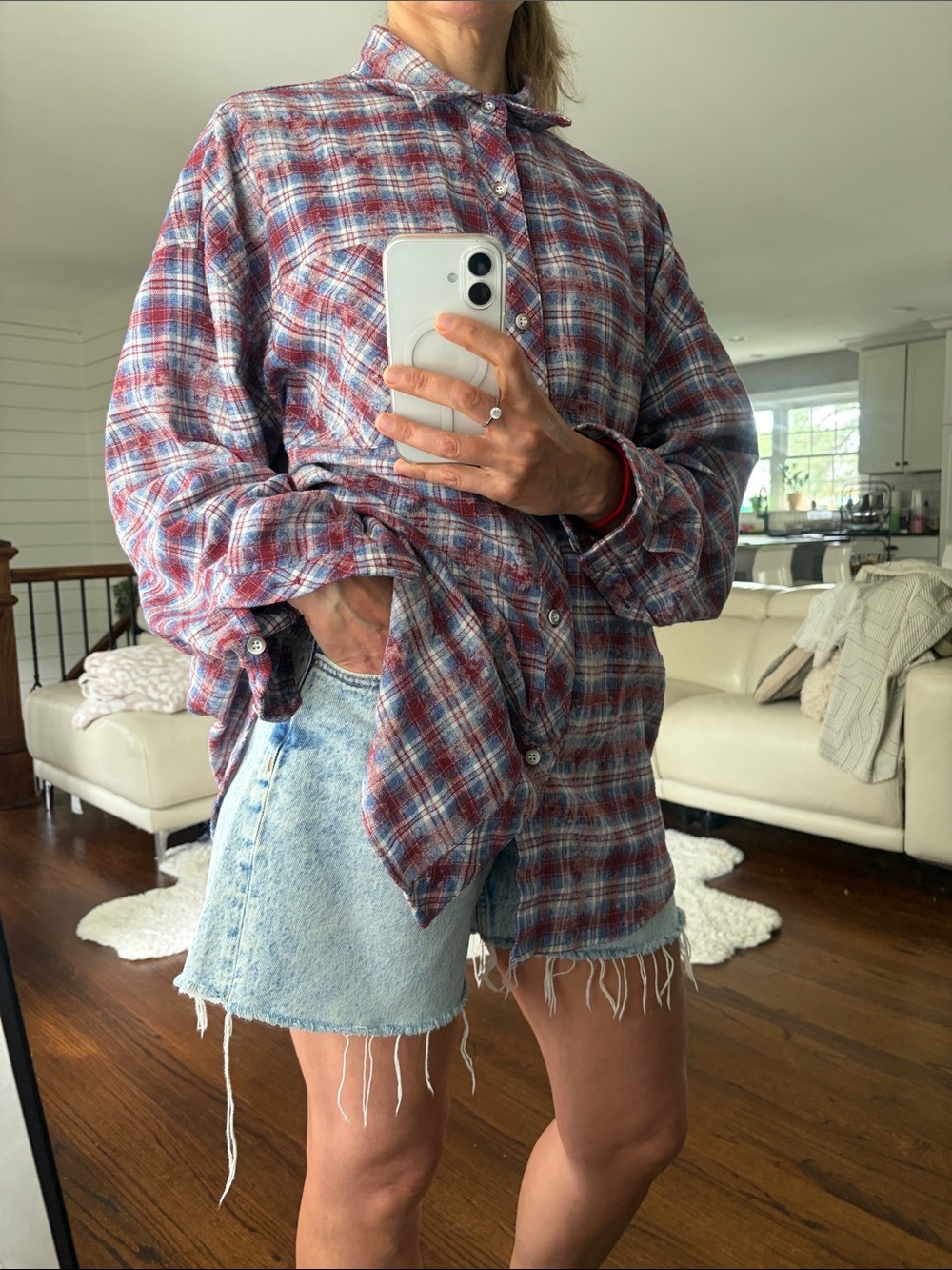 Relaxed Plaid Button-Up Shirt — Red, Blue & White